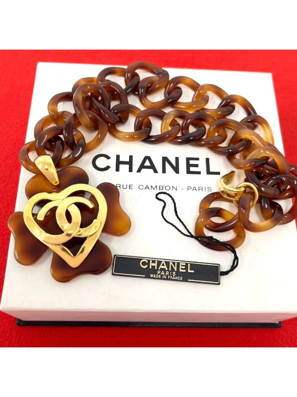 Chanel With Rice 95P CC Logo Tortoiseshell Chain Necklace Plastic Brown